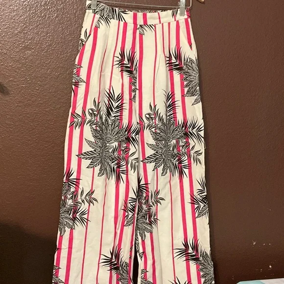 High-Rise Wide Leg Tropical Stripe Pants in Pink/White - Picture 4 of 16